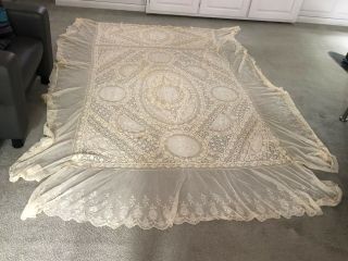 Antique French Normandy Lace Embroider Bed Cover Bedspread 103 X 74 Some Flaws