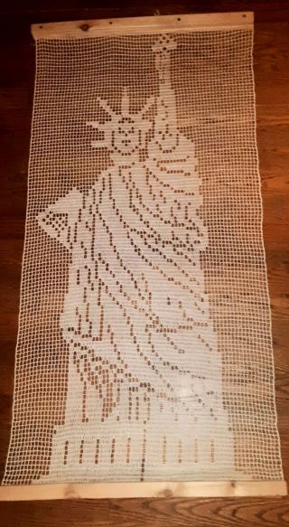 Vintage Statue Of Liberty Wall Hanging Filet Crochet Wood Figural 28 X 4 