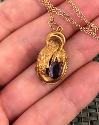 Antique Victorian 14k Gold & Garnet Hair Locket Mourning Pendant Necklace