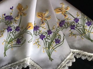 Vintage Hand Embroidered Tablecloth Irises & Violets Lace Trim