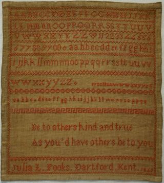 Small Mid 19th Century Red Stitch Work Sampler By Julia.  L.  Fooks - 1869