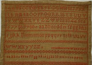 SMALL MID 19TH CENTURY RED STITCH WORK SAMPLER BY JULIA.  L.  FOOKS - 1869 2
