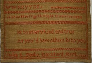 SMALL MID 19TH CENTURY RED STITCH WORK SAMPLER BY JULIA.  L.  FOOKS - 1869 3