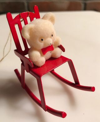 Vintage Avon Teddy Bear On Red Metal Rocking Chair 2 3/4 " H Holiday Christmas
