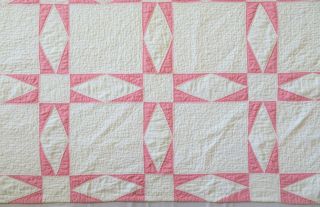 Antique 1940 ' s Hand Stitched (8 spi) Pink & White Sawtooth Star Quilt 77x74 3