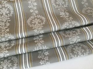 Vintage French Cotton Damask Ticking Fabric Grey Khaki Stripes Upholstery