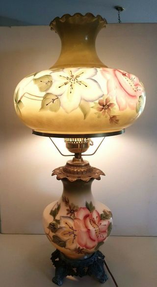 Vintage Huge Big 29 " Green & Pink Poppy Flower Hurricane Gwtw Table Lamp