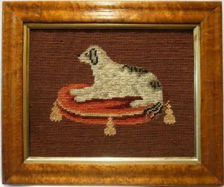 Small Mid/late 19th Century Needlepoint Of A Spaniel On A Cushion - C.  1870