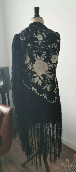 Antique Black Silk With White Floral Embroidered Fringed Piano Shawl