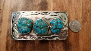 255 Karats Turquoise And Silver Belt Buckle Navajo Vintage Signed Artist