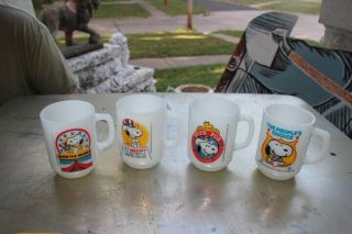 Vintage Snoopy For President Fire King Milk Glass Coffee Mug Set Of 4