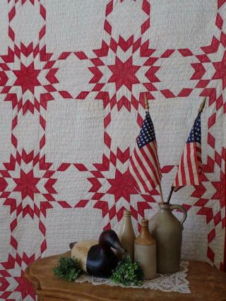 Antique C1900 Red & White Blazing Star Quilt Fold Stack Cutter?