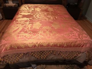 Antique 1900s Italian Silk Bedspread With Tassel Trim 90”x108”.