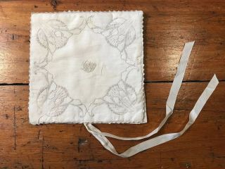 Antique Cotton Hand Embroidered Lingerie Boudoir Storage Bag Ribbon Art Nouveau