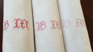 12 Antique French Pure Linen Embroidered Napkins Hand Monogrammed Bm Red