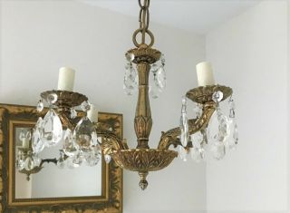 Petite Vintage Spain Style Brass And Crystal Chandelier - 4 Arms