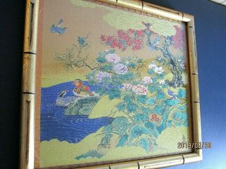 Vintage Signed Framed Embroidered Silk Asian Scene,  Flowers,  Birds Etc.