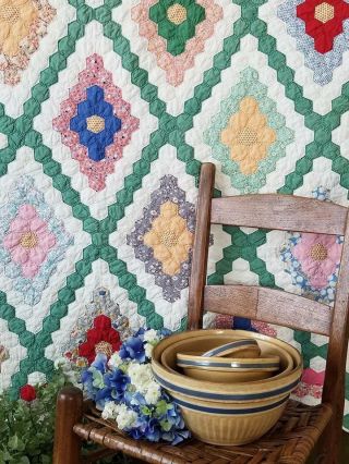 A Jewel Box Lovely Vintage 30s Fussy Cut Diamond Flower Garden Quilt