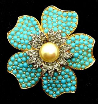 Vintage Alfred Philippe Crown Trifari Faux Turquoise & Pearl Flower Pin