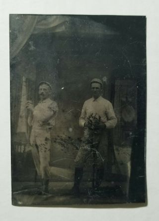 1890s Baseball Tintype Players In Old Time Pitching Pose Vtg Ball Catchers Mask