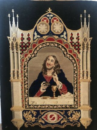 Antique 19thc Berlin Woolwork Needlework Picture Of Jesus Christ / Embroidery
