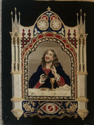 Antique 19thc Berlin woolwork Needlework Picture of Jesus Christ / Embroidery 3