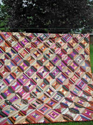 Antique Turn Of Century Hand - Made Silk Quilt - Courthouse Steps - 100 X 102