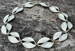 Vintage David Andersen Norwegian White Guilloche Enamel Silver Leaf Necklace