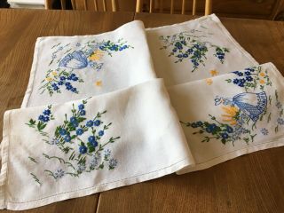 Vintage Hand Embroidered Linen Tablecloth - Crinoline Lady’s 33” X 32”