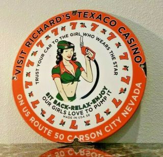 Vintage Texaco Gasoline Porcelain Pin Up Girl Route 66 Service Station Pump Sign
