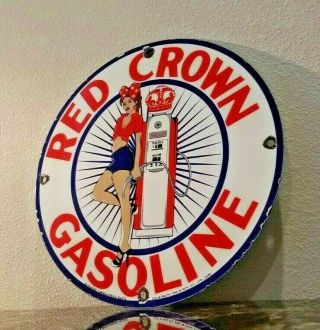 Vintage Red Crown Gasoline Porcelain Pin Up Girl Service Station Pump Plate Sign