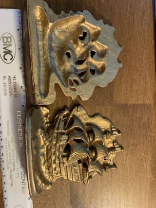 Vintage Spanish Galleon Sailing Ship Bookends Cast Iron Metal 2