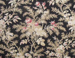 Curtain Black Ground Floral Fabric Antique French 19th Century Rose Fern Design