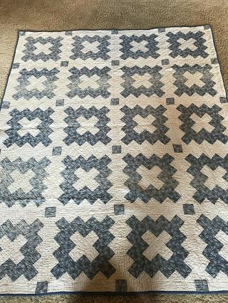 Antique Vintage Cotton Courthouse Square Quilt Pattern Blue And White 60 " X 72 "