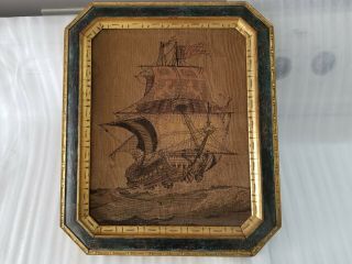 Antique Framed Gobelin Wall Tapestry Galleon Ship La France Textile 1926 Medal