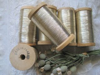 1 Antique French,  Gold Metal Thread Spool 3 1/4 Inches Tall Yardage
