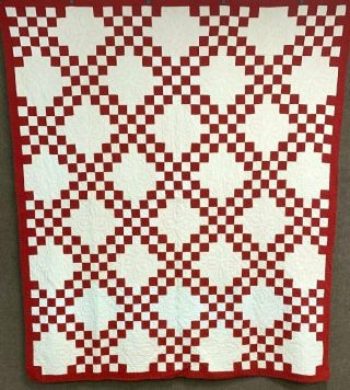 Country C 1890 - 1900 Red Checkerboard Quilt Irish Chain Antique