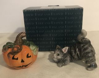 Mib Fitz & Floyd Black Cat And Pumpkin Shakers,  Halloween Or Anytime.  Cute