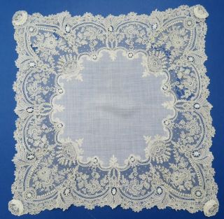A Victorian Brussels Point De Gaze Lace Handkerchief With Raised Roses