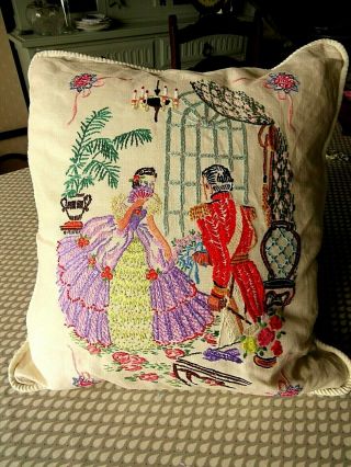 Vintage Hand Embroidered Cushion Cover/ Crinoline Lady & Gent