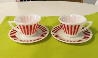 Vintage Hazel Atlas Red Candy Stripe Cups & Saucers Set Of 2 1950’s Milk Glass