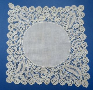 A Victorian Honiton Lace Handkerchief With Feather & Tulip Motifs