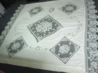 Antique White Cotton Coverlet Bedspread W Lace Rose W Cutwork Figural Cherub