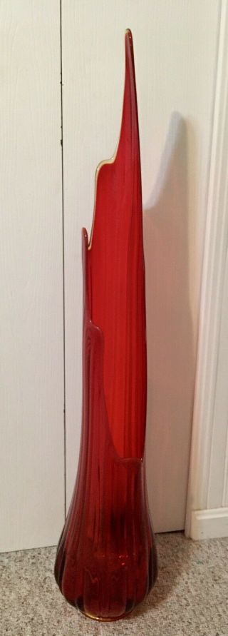 Vintage Mid Century Le Smith Simplicity Red Stretched Swung Glass 42” Floor Vase