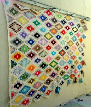 Vtg 40 ' s diamond flower garden quilt top hand stitched 2