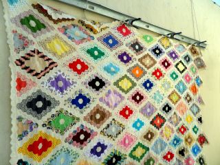 Vtg 40 ' s diamond flower garden quilt top hand stitched 3