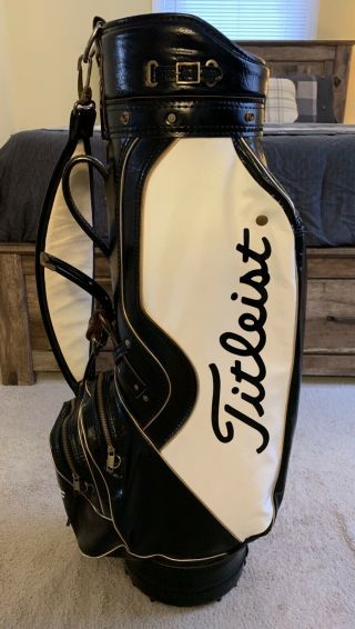 Vintage Titleist Staff Golf Bag With Rain Hood 8” 3 - Way Black White Leather