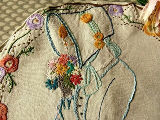 Vintage Hand Embroidered Laundry Bad/cushion With Crinoline Lady.