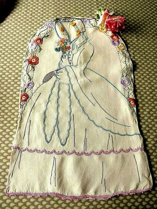 VINTAGE HAND EMBROIDERED LAUNDRY BAD/CUSHION WITH CRINOLINE LADY. 2