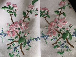 Stunning Vintage Linen Hand Embroidered Tablecloth Cherry Blossom/forget Me Nots